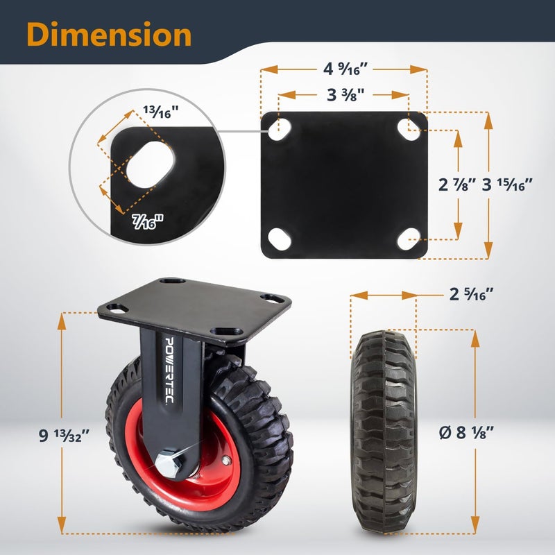 POWERTEC 8 Inch Caster Wheels, Heavy Duty Fixed Plate Casters with Rubber Knobby Tread for Workbench, Dolly, Cart, Trolley, Wagon, Toolbox and Chicken Coop, Large Rubber Castor Wheels, 1PK (17053) - Image 2